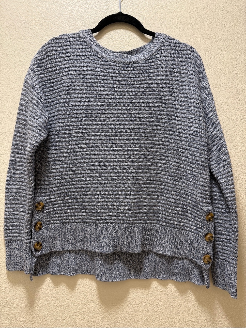 Joie Woven Blue and White Ribbed Crewneck Sweater with Side Buttons